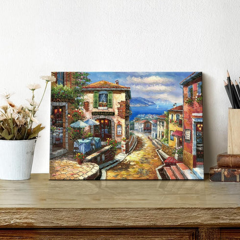 Italian Cityscape Abstract Wall Art Artwork: Mediterranean City Italy Street Towns Picture Painting on Canvas for Paris Cafe Room(12X16)...