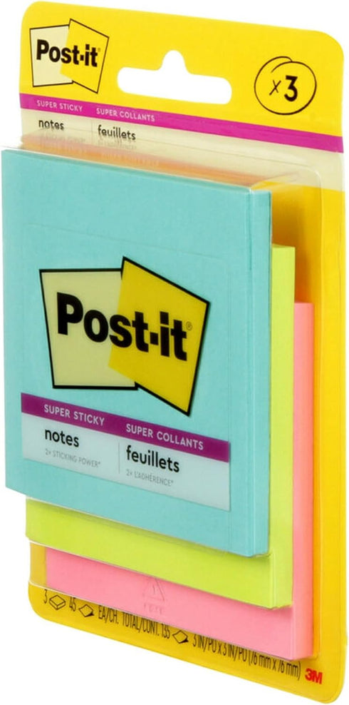 Post-it Super Sticky Notes, 3x3 in, 4 Pads, 2x the Sticking Power, Miami Collection, Neon Colors (Orange, Pink, Blue, Green), Recyclable(3321-SSAN...