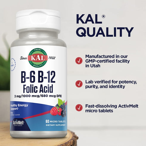 KAL Vitamin B-6, B-12 & Folic Acid Supplement, Heart Health, Energy & Red Blood Cell Support*, with Vitamin B12 Methylcobalamin & Folate, Natural ...
