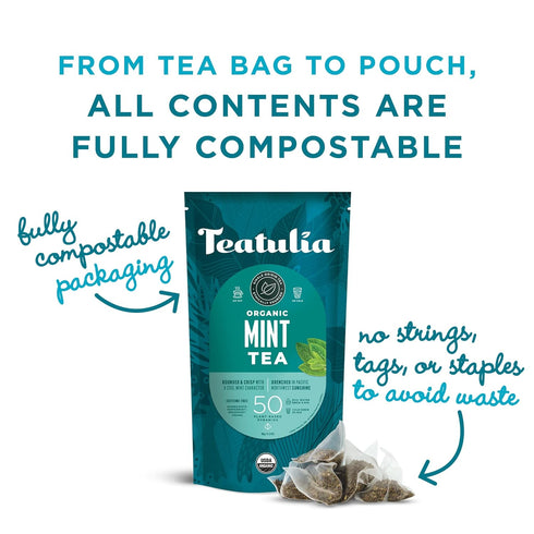 Teatulia Organic Mint Tea Bags (50 Pyramid Sachet Teabags) Whole Leaf Mint Tea 100% Compostable Sustainably Grown Spearmint + Peppermint in Washin...