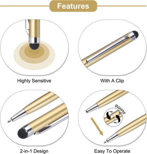 MECCANIXITY 6pcs Metal Stylus Pen Ballpoint Pen 2 in 1 Universal Retractable Ink Pen with Stylus Tips for All Capacitive Touch Screen Device, Gold...