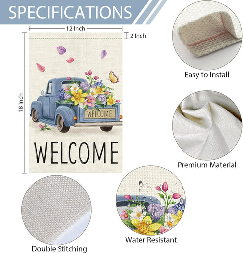 Welcome Spring Garden Flag 12x18 Double Sided Vertical Burlap Retro Truck Floral Garden Flags Summer Butterfly Yard Flags for Seasonal Outside Out...