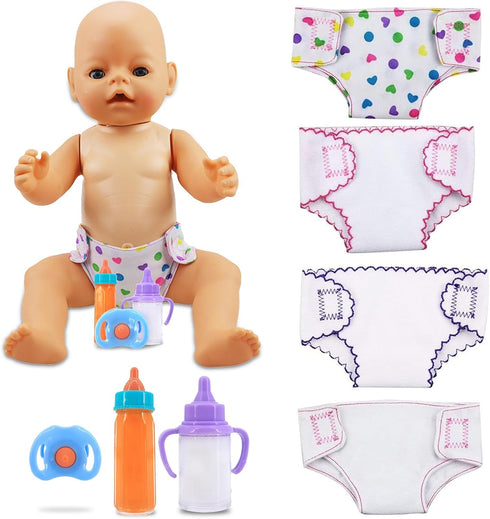 4Pcs Doll Diapers Doll Underwear for 14-18 Inch Baby Dolls Reusable Diapers Set with 3 Pcs Doll Feeding (Milk & Juice Bottles Toy Pacifier)...