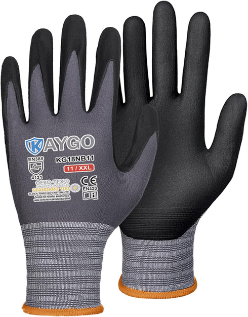 KAYGO Safety Work Gloves MicroFoam Nitrile Coated-3 Pairs, KG18NB,Seamless Knit Nylon Glove with Black Micro-Foam Nitrile Grip,Ideal for General P...