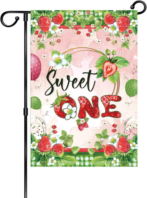Strawberries Sweet One Garden Flag - Fruit Sweet Summer Yard Flag - First Birthday House Flag Yard Banners - Welcome Summer Strawberry Holiday Por...