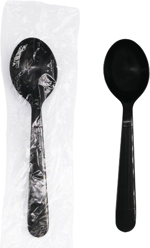 Party Essentials Individually Wrapped Black Plastic Utensil Sets/Heavy Duty Flatware Packs, Soup Spoon, 100 Sets...
