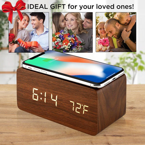 OCT17 Alarm Clock with Qi Wireless Charging Pad Compatible with iPhone Samsung Wood LED Digital Clock Sound Control Function, Time Date, Temperatu...