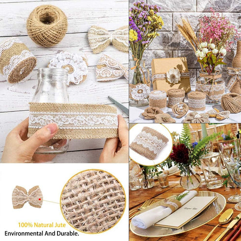 30PCS Burlap Hessian Flowers Set, Include 24 Burlap Flowers and Bowknots, 5 Lace Burlap Ribbon Rolls,1 Twine Ribbon and Glue Point for Wedding Par...