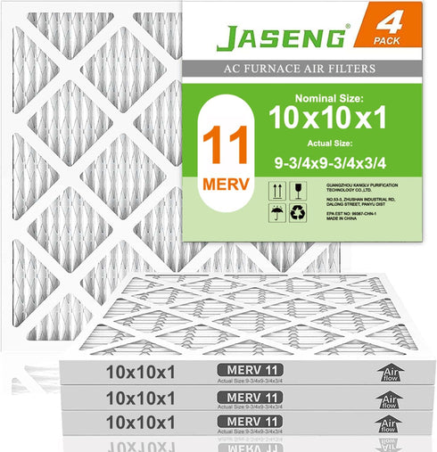 10x10x1 Furnace Air Filters MERV 11, Jaseng 4 Pack AC Furnace Filter MPR 1000 & FPR 7 Filtering, HVAC Air Filter Replacement (exact dimensions: 9 ...