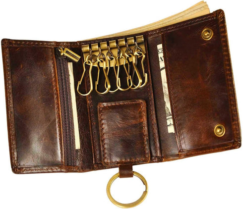 Le'aokuu Mens Genuine Leather Car Key Case Loop Hook Coin Case Cover Wallet Snap...