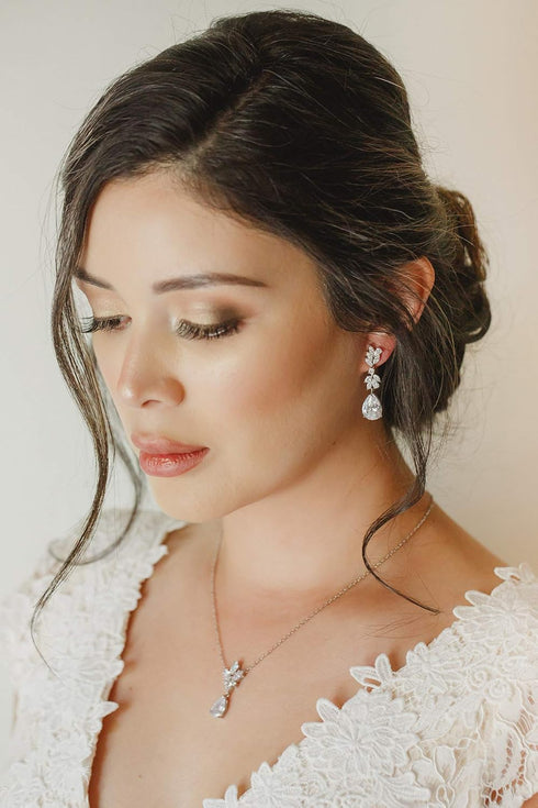 SWEETV Wedding Jewelry Sets for Brides Bridesmaid,Cubic Zirconia Teardrop Bridal Necklace Earrings Set Wedding Prom Jewelry for Women...