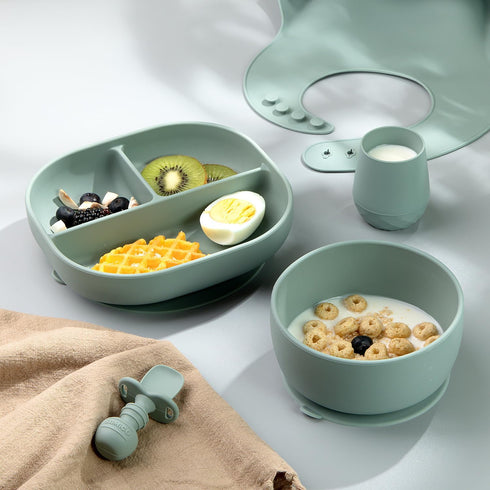 Baby Bowl and Spoon Set with Suction and Lid, Silicone Baby Food Bowl, First Stage Baby Feeding Set, Self Feeding Essentials for 6+ Months (Forest...