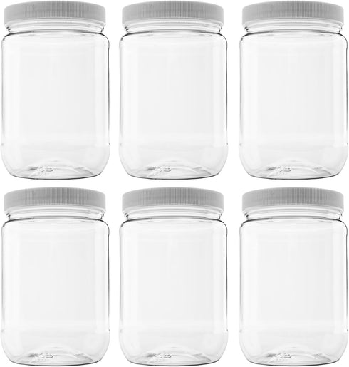 6 Pack of 32 Ounce Plastic Quart Jars with 89RM Leak Proof Seal Lid - Food Grade and BPA Free (32oz, 6pk)...