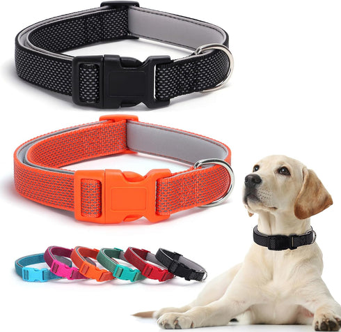 2 Pack Reflective Dog Collars, Classic Adjustable Soft Neoprene Padded Breathable Nylon Pet Collar for Small, Medium and Large Dogs (Black/Orange,...
