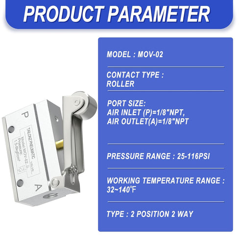 TAILONZ PNEUMATIC 2 Position 2 Way 1/8 Inch roller pneumatic mechanical valve Normally closed roller type on-off valve MOV-02...