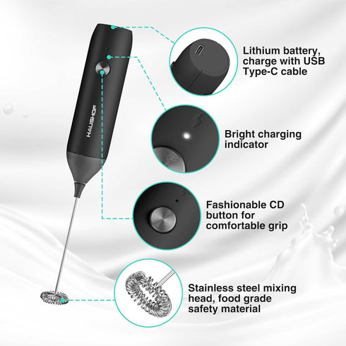 HAUSHOF Powerful Rechargeable Milk Frother, Handheld USB Type-C Electric Foam Maker for Coffee Latte, Cappuccino, Mocha, Macchiato, Frappe and Pro...