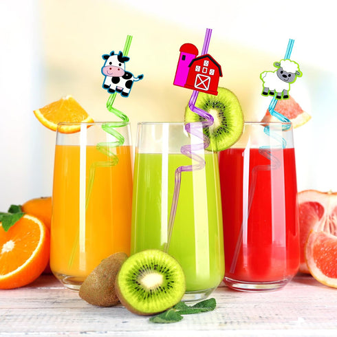 24PCS Farm Animal Drinking Straws Reusable for Kids Farm Theme Birthday Party Favors Supplies Decorations with 2 PCS Cleaning Brushes (Farm Animal...