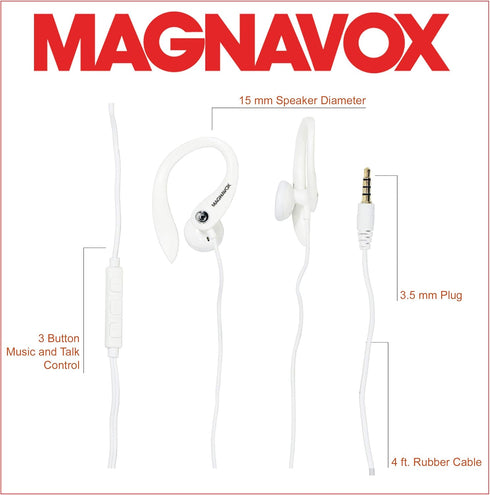 Magnavox MHP4854-WH Earhook Earbuds with Microphone in White | Available in Black & White | Earbuds Earhook with Microphone | Extra Value Comfort ...