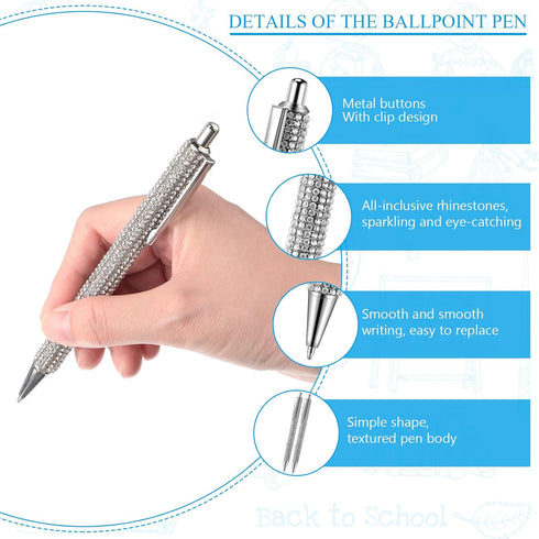 8 Pcs Rhinestone Pen Bling Diamond Pens Wedding Rhinestones Silver Metal Ballpoint Pens Fancy Sparkly Crystal Pens Retractable Black Ink Pen for W...