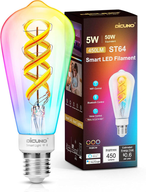 DiCUNO Smart Edison Bulb ST64, Color Changing WiFi Smart Light Bulb, Vinatge ST21 Filament Bulb Work with Alexa & Google, Dimmable with App, 50 Wa...