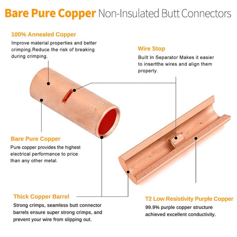 2 Gauge Non-Insulated Butt Connectors 8 PCS 2 Gauge Butt Splice Connectors 2 AWG Butt Splice Uninsulated Crimp Wire Connectors 38mm² Bare Pure Cop...