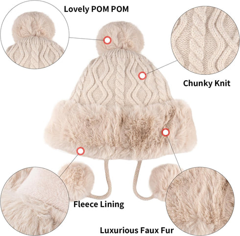 Peicees Womens Fur Hats with Pompom for Winter Warm Knit Beanie Skull Cap Russian Ushanka Trapper Hat with Ear Cover...
