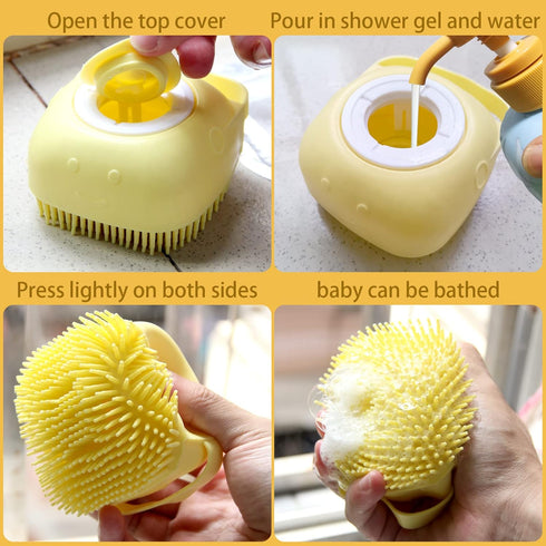 Dog Bathing Brush, Pet Massage Brush Shampoo Dispenser, Soft Silicone Brush Rubber Bristle for Dogs and Cats Shower Grooming (Yellow)...