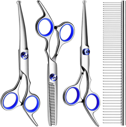 Professional 5 in1 Dog Grooming Scissors Kit, Titanium Coated Dog Scissors for Grooming, Grooming Shears Kit - Straight,Thinning, Curved Scissors ...