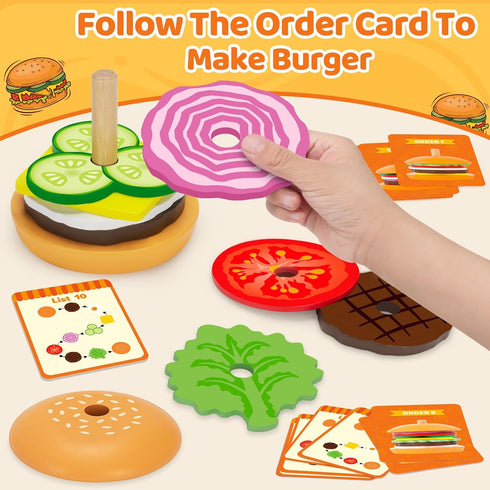 Montessori Toys for 2, 3, 4, 5, Year Old, Wooden Burger Stacking Toys, Fine Motor Toys for Kids Boys Girls, Ideal Preschool Educational and Learni...
