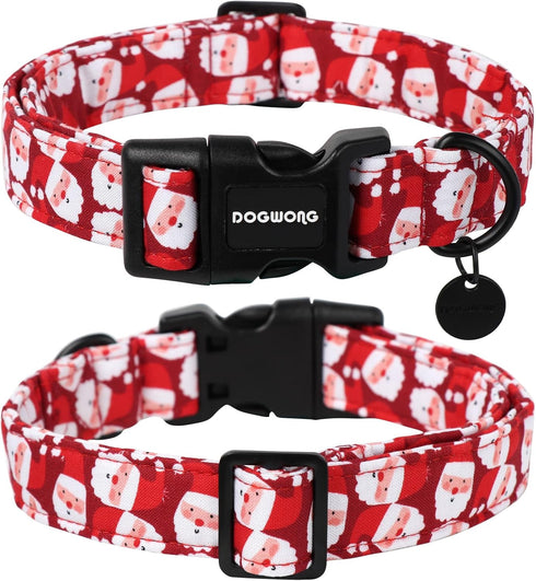 DOGWONG Christmas Cotton Dog Collar, Red Santa Claus Dog Collar Durable Holiday Pet Dog Collar Cute Puppy Necklace for Small Medium Large Dog...