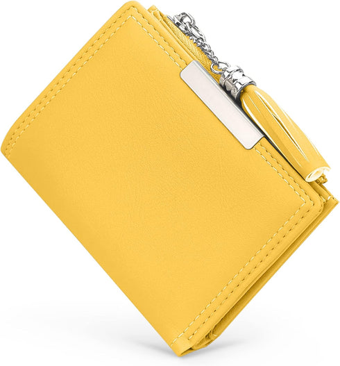 Small Wallet for Women, Leather Compact Bifold Womens Wallet with Zipper Coin Purse (Tasseled Zipper, Yellow)...