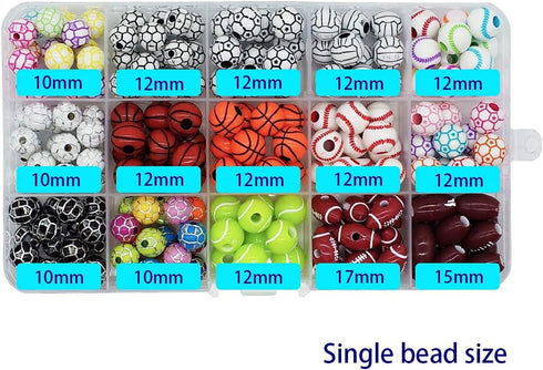 15 Styles Sports Beads Football Baseball Basketball Tennis Volleyball Soccer with 1 Roll of Elastic Rope and a Plastic Box for DIY Bracelet Neckla...