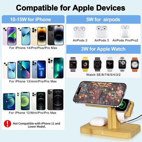 Wireless Charging Station for Apple, 20W Fast 3 in 1 Wireless Charger Stand, Bamboo Charging Station for iPhone 15/14/13/12 Pro/Max/Plus, for Appl...