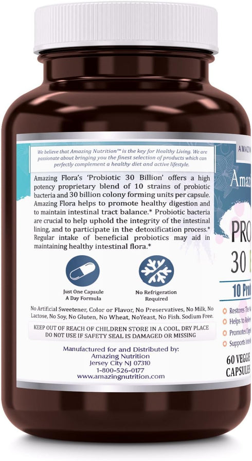 Amazing Flora Probiotic 10 Best Probiotics Strains | 30 Billion | 60 Veggie Capsules Supplement | Non-GMO | Gluten Free | Suitable for Vegetarians...