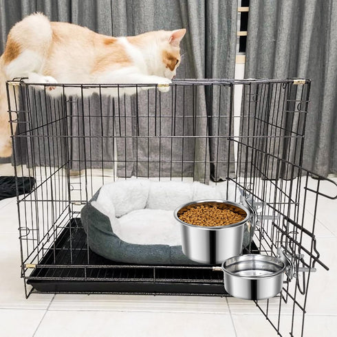 Pet Dog Food Water Bowl for Cage, Stainless Steel Non-Spill Kennel Hanging Cats Bowls with Clamp Holder Crate Feeder Dish for Small Medium Large D...