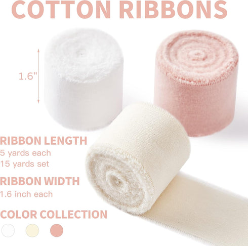 Pink White Ribbon 1-1/2 x 15 Yards Handmade Cotton Frayed Fringe Fabric Ribbons for Crafts Flower Bouquets Wedding Baby Shower Home DIY Decor...