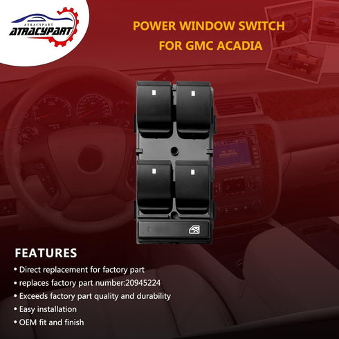 Driver Side Master Power Window Control Switch with RED Light for | 2007-2016 GMC Acadia | Replaces Part# 20945224...