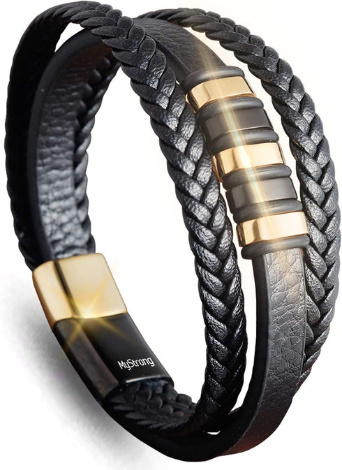 MyStrong Genuine Leather Mens Bracelet - Premium Braided Leather Bracelet for Men and Women with Stainless Steel Magnetic Clasp - Multi-layer Brai...