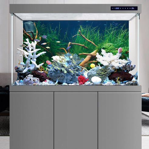 AWERT 24x16 inches Polyester Underwater Grass Plants Aquarium Background Aquatic Plants Stone River Bed and Dead Wood Stone Fish Tank Background...