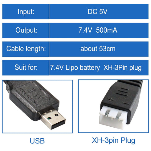 KBT KEEP BETTER TECH 2Pack 7.4V RC Car Battery USB Charger Cable, 500mA Charging Speed with LED Indicator Light Compatible XH-3P Connector,Power A...