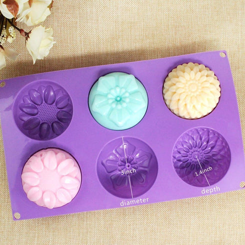 Echodo 6 Cavity Silicone Flower Soap Mold Chrysanthemum Sunflower Mixed Flower Shapes Cupcake Backing Mold for Homemade Soap, Cake, Cupcake, Bread...