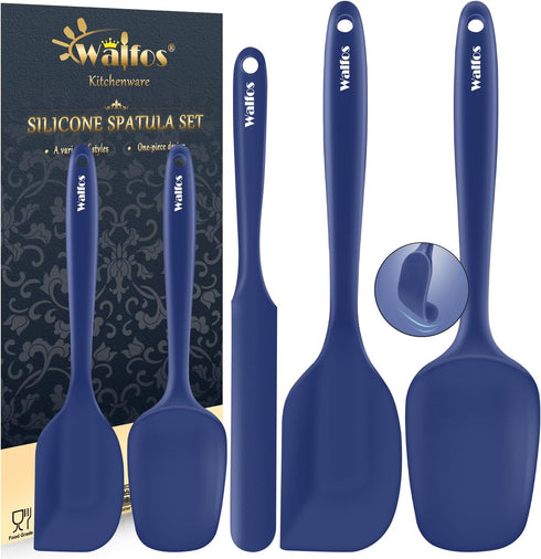 Walfos Silicone Spatula Set (5pcs) - 600? High Heat Resistant Kitchen Spoon Navy Blue Spatulas for Cooking Mixing & Baking, Strong Steel Core and ...