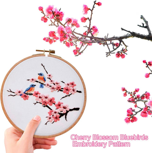 Unionm Embroidery Kit Cherry Blossom Birds Cross Stitch Kit for Adults Beginners with Pattern and Instructions Plants Flowers Floral Pink Sakura E...