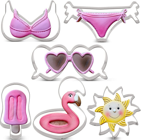 LILIAO Summer Beach Cookie Cutter Set - 6 Piece - Sun, Flamingo Float, Popsicle, Heart Sunglasses and Bikini Biscuit Cutters - Stainless Steel...