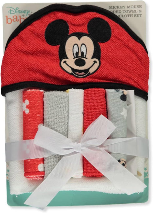 Cudlie Disney Baby Mickey Mouse Happy Face Print (Hooded Towel with 5 Piece Washcloth Set)...
