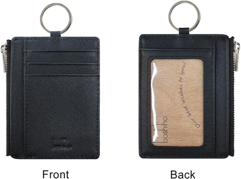 Boshiho Saffiano Leather Credit Card Holder Coin Change Purse with Key Ring Keychain - unisex...
