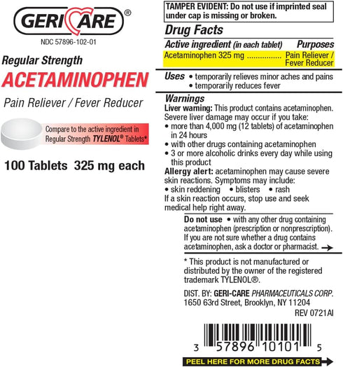 GeriCare Regular Strength Acetaminophen Pain Relief Fever Reducer Tablets, Strength 325mg Tablet | Joint, Muscle, Arthritis, Back Pain Relief 100 ...