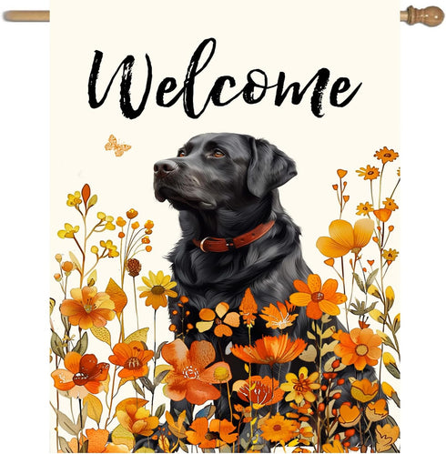 Floral Black Lab Garden Flag Large Fall House Flag 28x40 Double Sided Orange Wildflower Labrador Dog Yard Flags for Outside Autumn Lawn Flags Welc...
