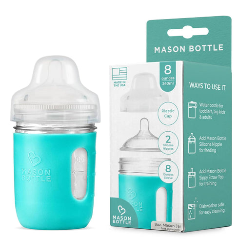 Mason Bottle Glass Baby Bottle DIY Kit – Fits 8oz Mason Jars – Includes 2X Slow Flow Nipples, Silicone Sleeve, and Cap (Ring, Lid, and Jar Not Inc...