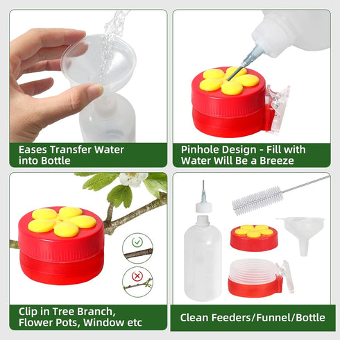 Handheld Hummingbird Feeder with Clips, 4 Pack Window Red Wild Bird Feeders with Cleaning Brush Bottle Funnel Set for Tree Branch Outdoors Hanging...